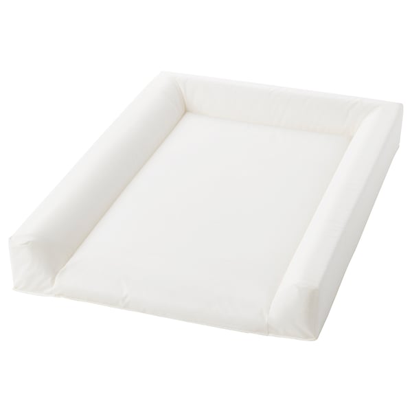 A VÄDRA baby changing mat, white, with raised edges for safety, made from peva and recycled polyester.
