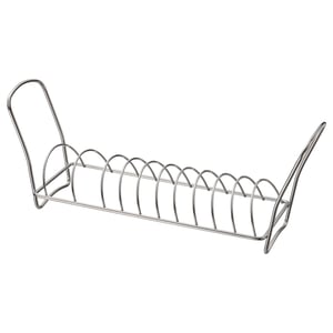 VÄLVÅRDAD stainless steel dish rack, sleek silver, curved design, holds plates.