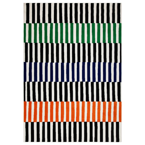 VÄNDPLATS rug: black, green, blue, orange stripes on white. Soft, low pile. Vibrant, playful design.