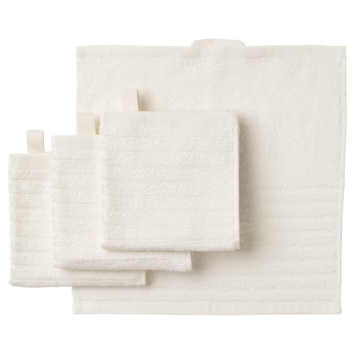 A set of white VÅGSJÖN towels, featuring a combination of solid terry and striped sections, made from 100% cotton, neatly folded and stacked.