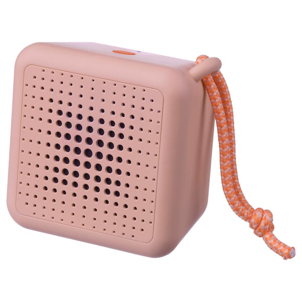 Peach-colored VAPPEBY speaker, square, waterproof, with orange braided handle, small holes on surface.