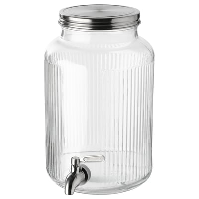 VARDAGEN: clear glass jar with metal spout, ribbed design, stainless steel lid, ideal for outdoor parties.