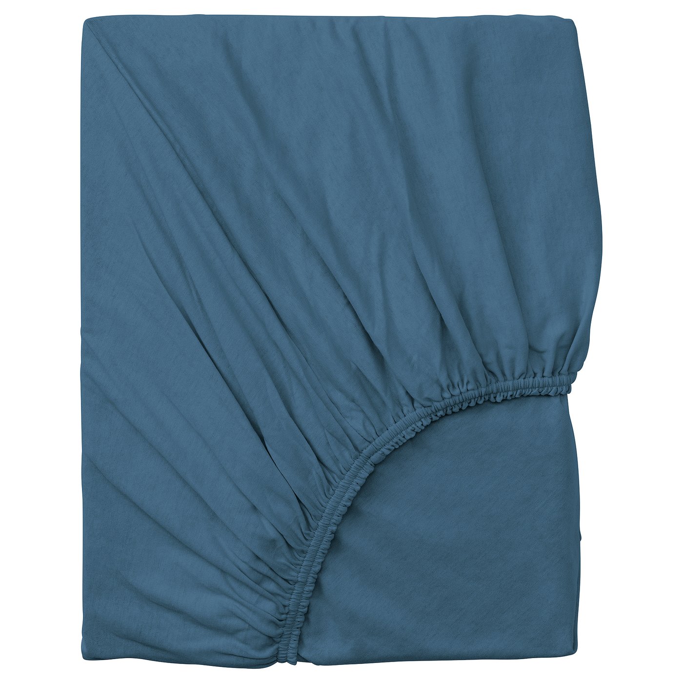 Displays a VÅRVIAL blue cotton jersey fitted sheet. Soft, stretchy, with elastic edges for a secure fit.