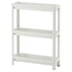 A white VESKEN storage trolley with three shelves, designed for narrow spaces, featuring a stable and mobile structure with wheels.