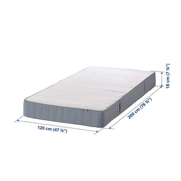 Mattress dimensions: 18 x 120 x 200 cm. Firm spring mattress with foam padding. Grey cover, rectangular shape.