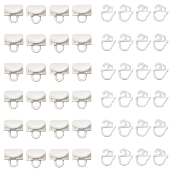 White VIDGA curtain hooks, multiple in set, plastic, half-circle shape, easy-hang design.