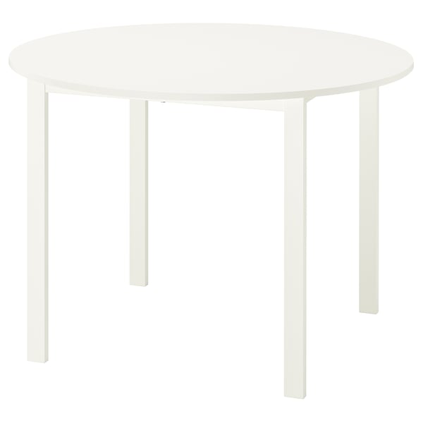 Round white VIHALS dining table, sleek design, melamine top, steel base, perfect for socialising.