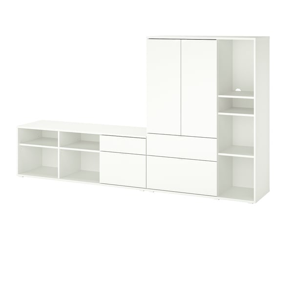 White VIHALS tv bench, 2 drawers, clean design.