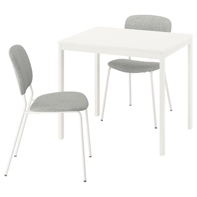 A white VIHALS set with a square table and two grey chairs, ideal for compact dining spaces.