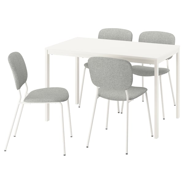 A white VIHALS dining set with four grey chairs and a rectangular table. Minimalist and modern, its made of steel and particleboard for durability.
