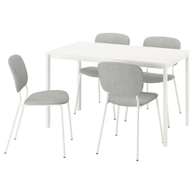 VIHALS white square dining table with four light grey fabric chairs.