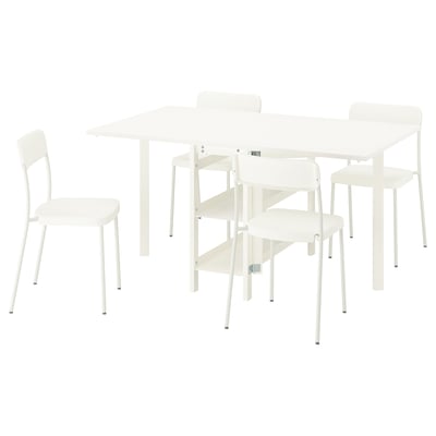 White VIHALS dining set with stackable chairs and extendable table.