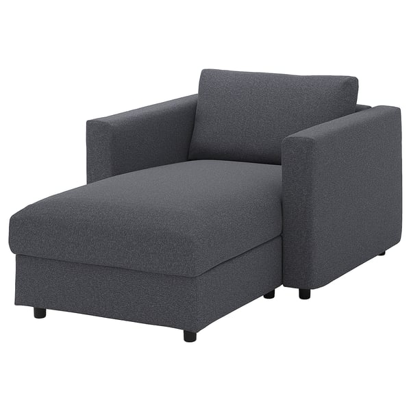 Dark grey VIMLE chair, modern minimalist design, arms, legs, machine-washable fabric.