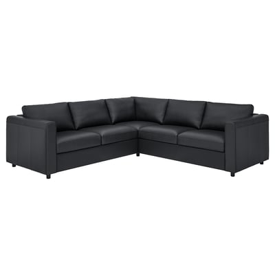 Modern, black VIMLE l-shape sofa with clean lines, smooth grain leather, and cushioned seats.