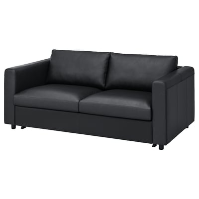 VIMLE black leather sofa; modern, sleek design, convertible with cushions.