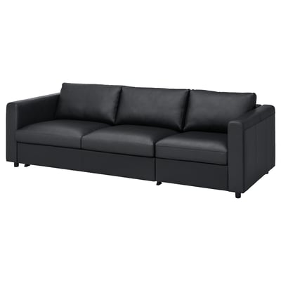 VIMLE black leather sofa. Three-seater with sleek, minimalist design. Comfortable, modern look.