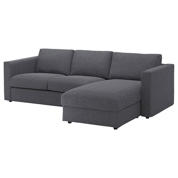 Dark grey l-shaped VIMLE sectional sofa with left chaise, modern and cosy design.