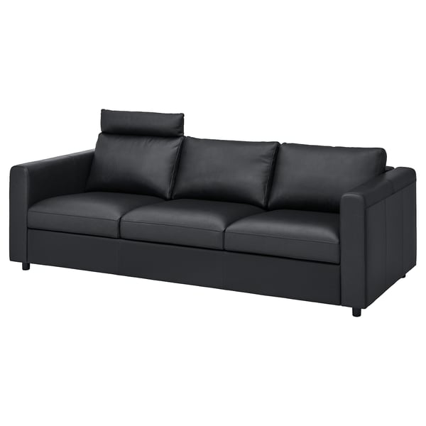 Dark grey modern leather sofa with two cushions, sleek design, and clean lines.