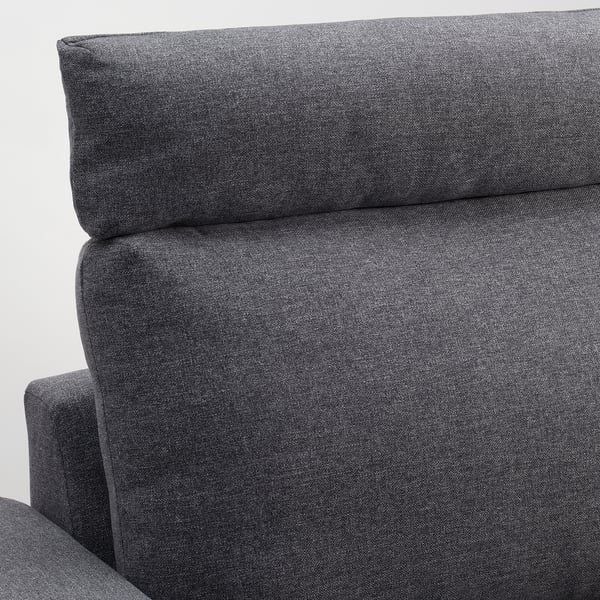 Close-up of VIMLE sofas dark grey headrest, showcasing plush, durable gunnared fabric with a soft, two-toned melange effect.