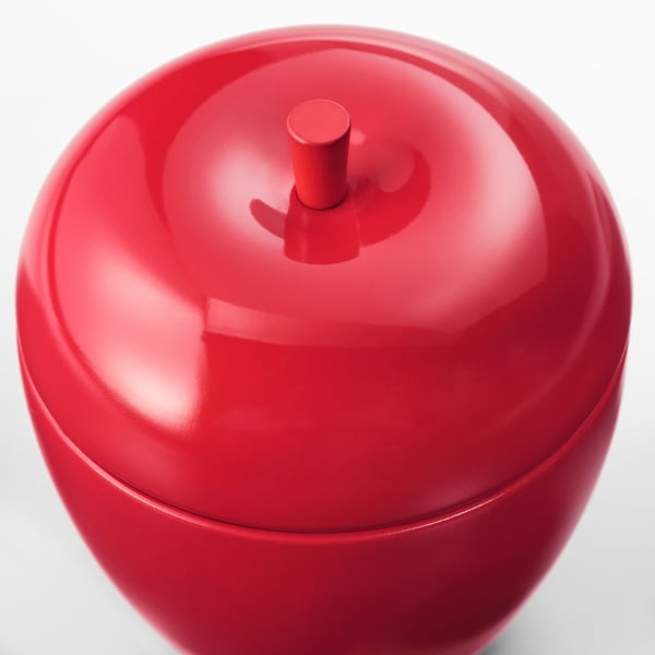 Bright red glossy apple-shaped candle container with a lid, featuring a smooth finish and a small handle on top.