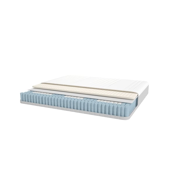 The VITMÅSEN mattress blue latex, white top, and tan sides, showcasing pocket springs for support and comfort.