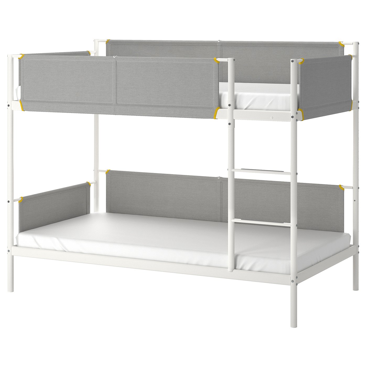 A white VITVAL bunk bed with grey fabric guardrails, featuring soft shapes and elastic edge bands.