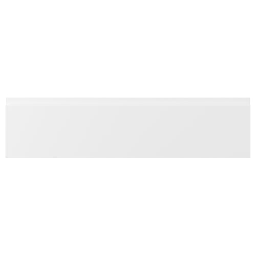 VOXTORP white kitchen cabinets with smooth, integrated handles and matte finish.