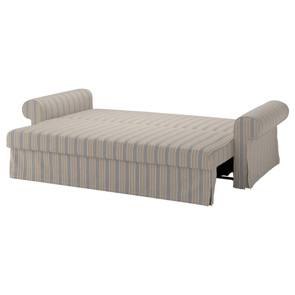 VRETSTORP sofa-bed, striped fabric, beige & grey, wide & low with rolled arms.