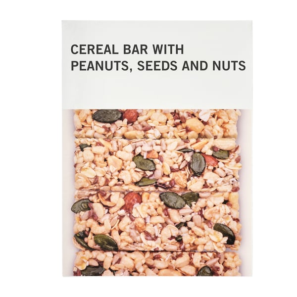 Cereal bar image with peanuts, seeds, and nuts. A rectangular snack bar filled with visible nuts and seeds, perfect for a quick energy boost.