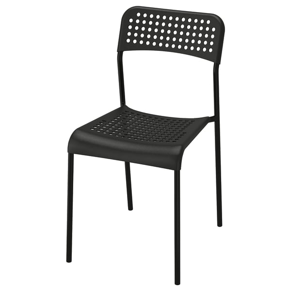 Black ADDE chair, plastic seat & back, steel legs, perforated design.