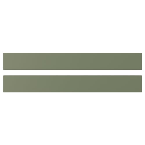 Two green kitchen cabinet fronts. Matte finish with inset panel design. Rectangle shape.