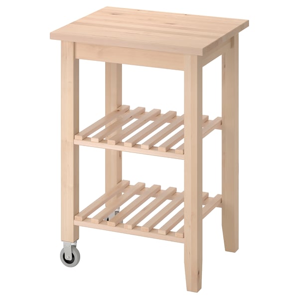 A BEKVÄM light birch wooden kitchen trolley with two shelves and wheels.