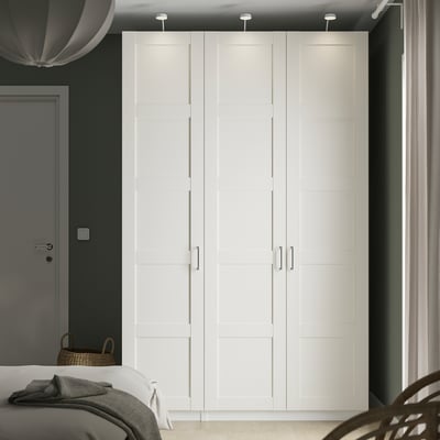 BERGSBO wardrobe - tall with doors, basket, blanket, lamp