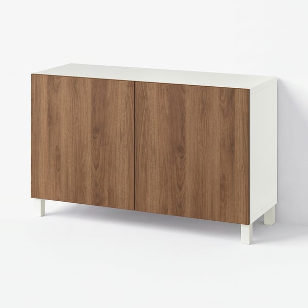BESTÅ Storage combination with doors, white brown/Lappviken/Stubbarp brown walnut effect, 120x42x74 cm