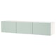 A white BESTÅ tv bench with three light green doors, rectangular shape, and sleek, modern design. It offers storage and cable management.