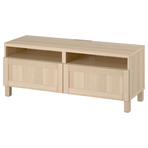 BESTÅ tv stand: light oak, wooden, rectangular, 2 drawers, open shelf, clean design.