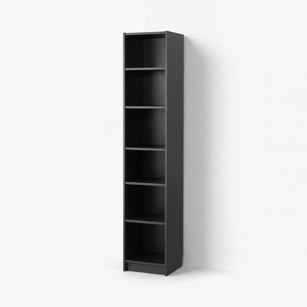 A tall, black BILLY bookcase with five shelves, designed for storage and display.