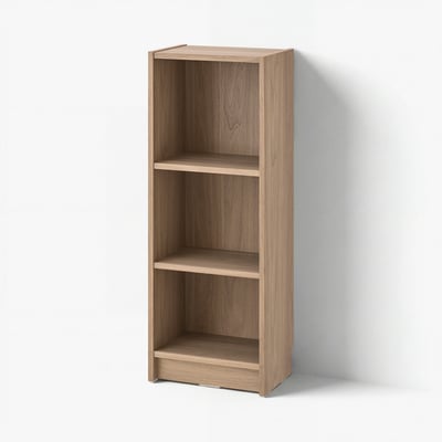 BILLY: light brown bookcase, three empty shelves, simple design.
