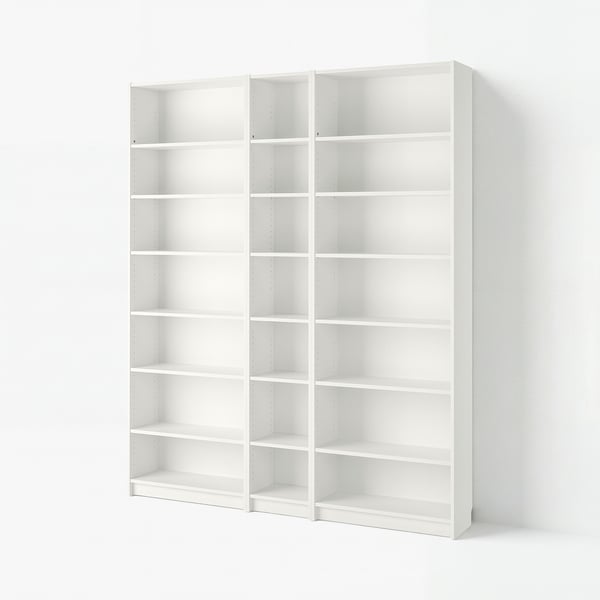 Large, white BILLY bookshelf with multiple adjustable shelves, clean design.