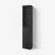 Tall black BILLY bookcase with glass door. Simple, modern design. Wooden texture finish.