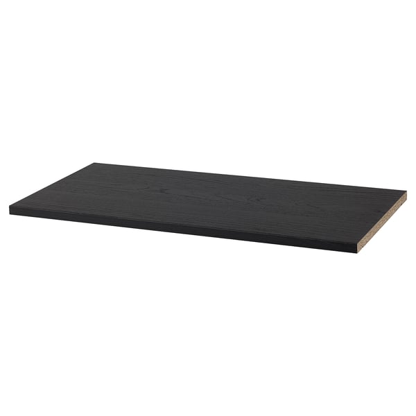 A BILLY black shelf, rectangular with smooth edges, made of particleboard and paper foil.