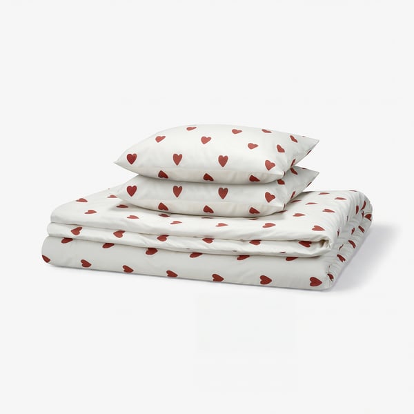 BJÖRNBÄRBUSKE bedding set; white with red hearts, cotton/viscose blend, rectangular, soft and cosy design.