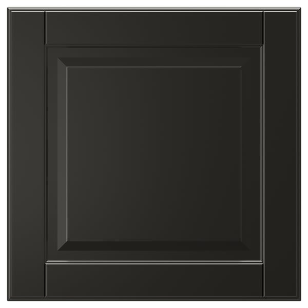 Black square cabinet drawer front with bevelled panel design, smooth lacquered surface.