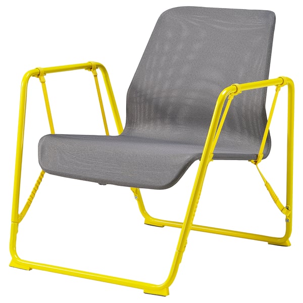 BRÄNNBOLL gaming chair, yellow metal frame, grey mesh, ergonomic design.