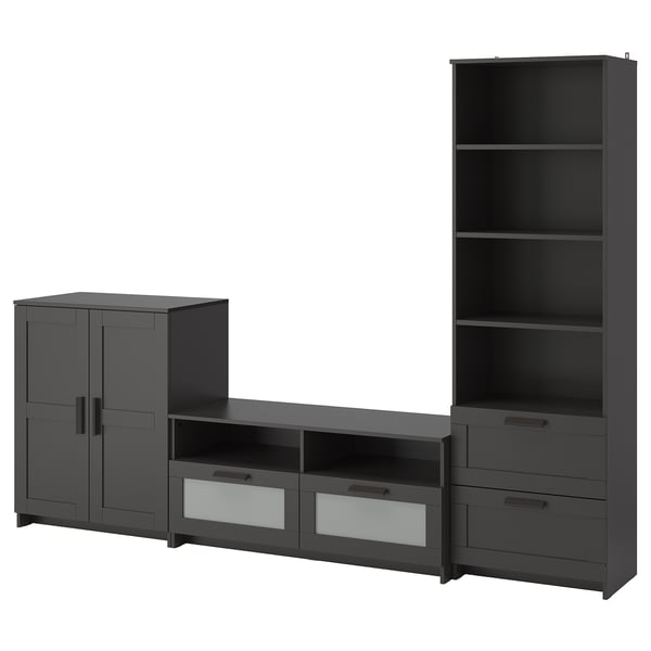 Brimming tv storage set. Dark grey, wood, rectangular. Combines cabinet, shelves, and drawers.