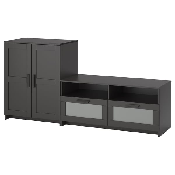 Modern dark grey tv stand set featuring cabinet with doors and large drawers for storage, sleek design.