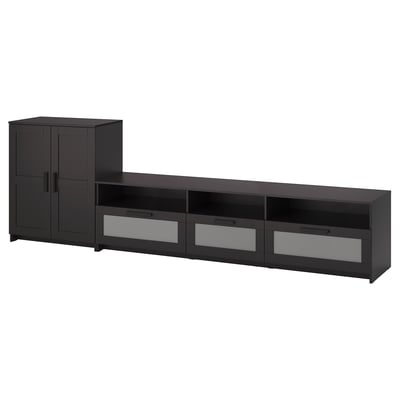 Black tv stand & storage cabinet combo, sleek design, ample space, glass doors.