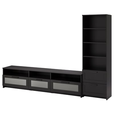 Modern black tv unit: wide media stand, tall bookcase with adjustable shelves and drawers.
