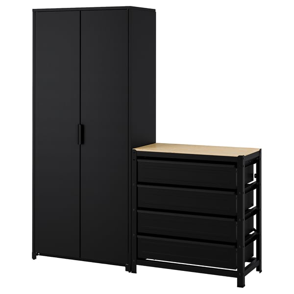 A black BROR storage system, featuring a tall cabinet and a workbench with drawers. Both pieces are made of metal with a sleek, modern design.