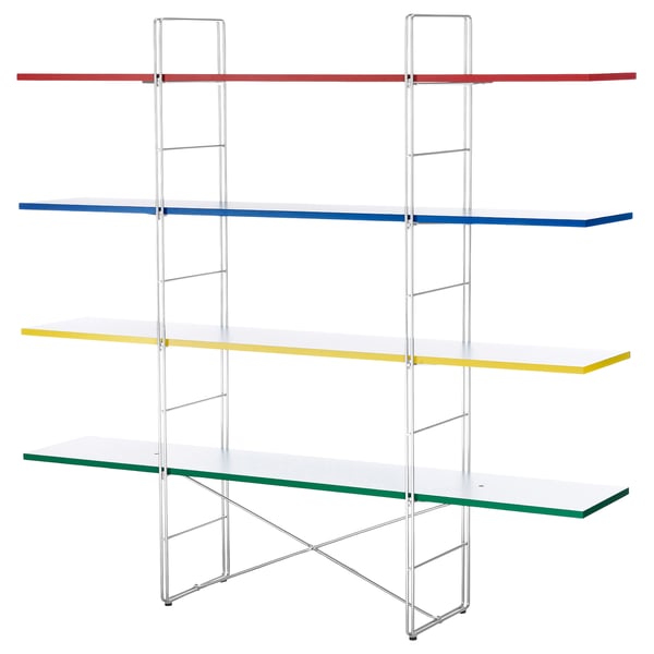 BYAKORRE multi-colored shelf unit, red, blue, yellow, green shelves, chrome metal frame, minimalist, adjustable for modern decor